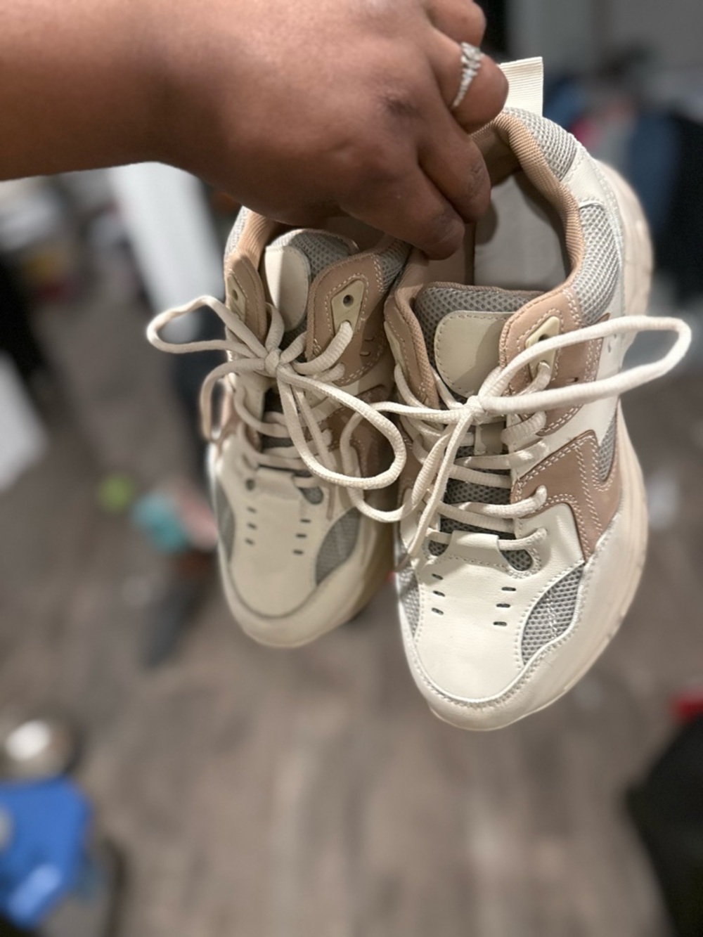 Chunky Lace-Up Athletic Sneakers in Beige and Cream